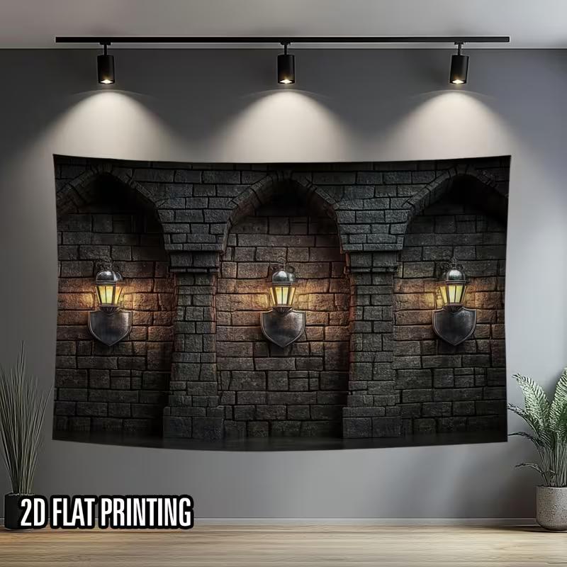 Halloween Castle Backdrop - Medieval Stone Wall Lanterns Photography Prop