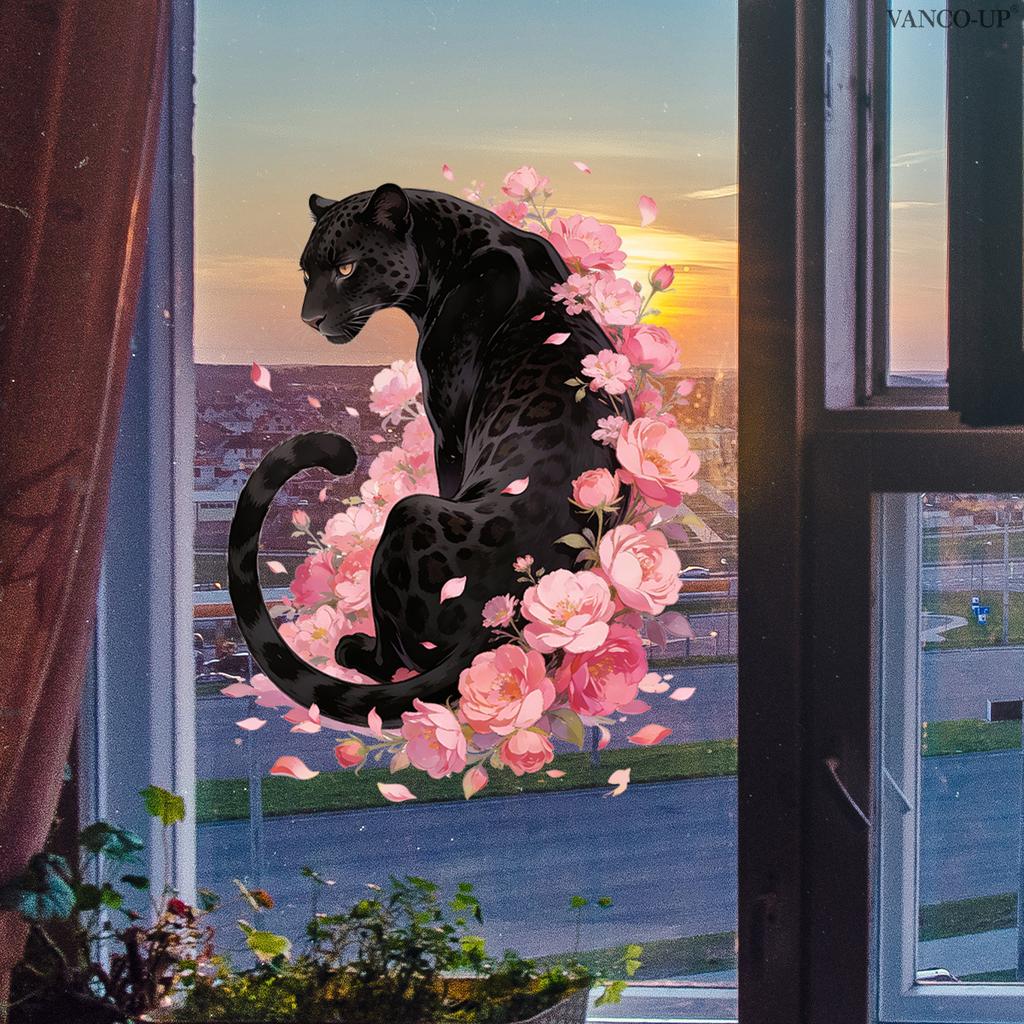 Rosa Blumige Gepard Tier Statisch Haftende Fensteraufkleber, Glasaufkleber für Schaufenster, Hausdekoration