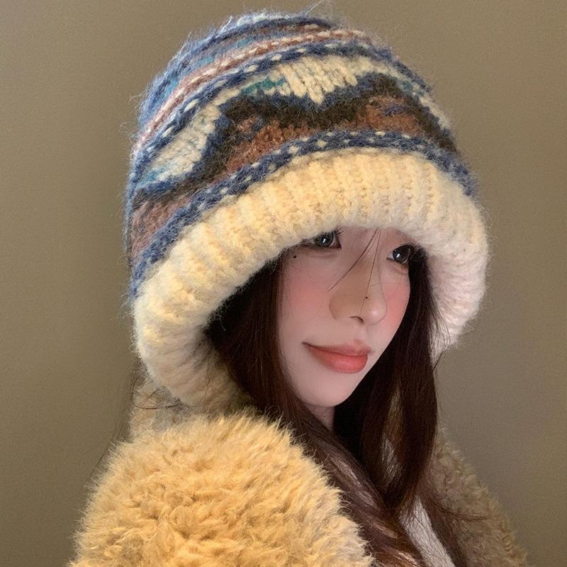 Wool blended knitted wool hat women s winter warm ear protection hat versatile hat big head circumference winter M（55-59cm）