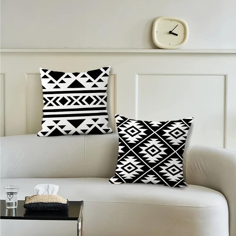 Black And White Geometric Pattern Throw Pillow Cover With Short Plush Print For Living Room Sofa Decoration Cushion Cover