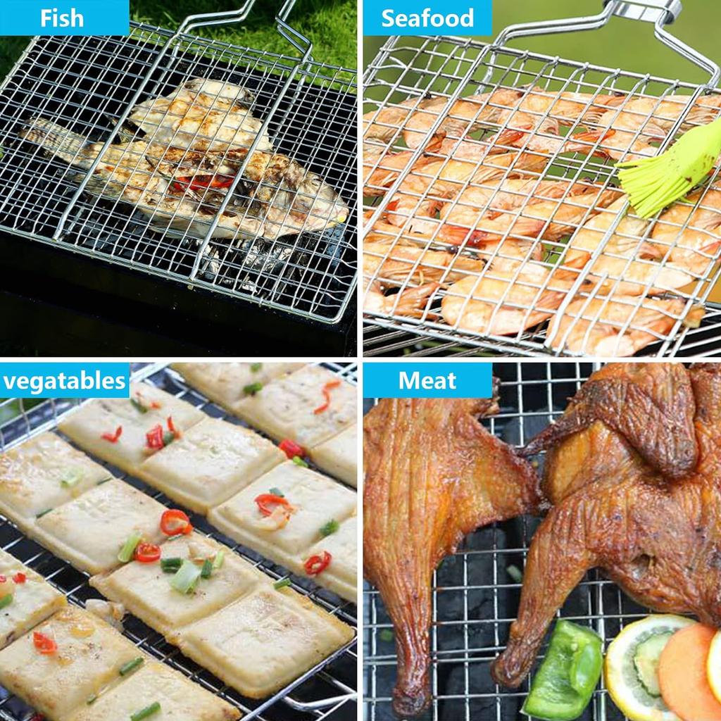 Folding Grilling Basket Outdoor Camping BBQ Stainless Steel Grill Rack Foldable Seafood Steak Vegetables Barbecue Cooking Tool
