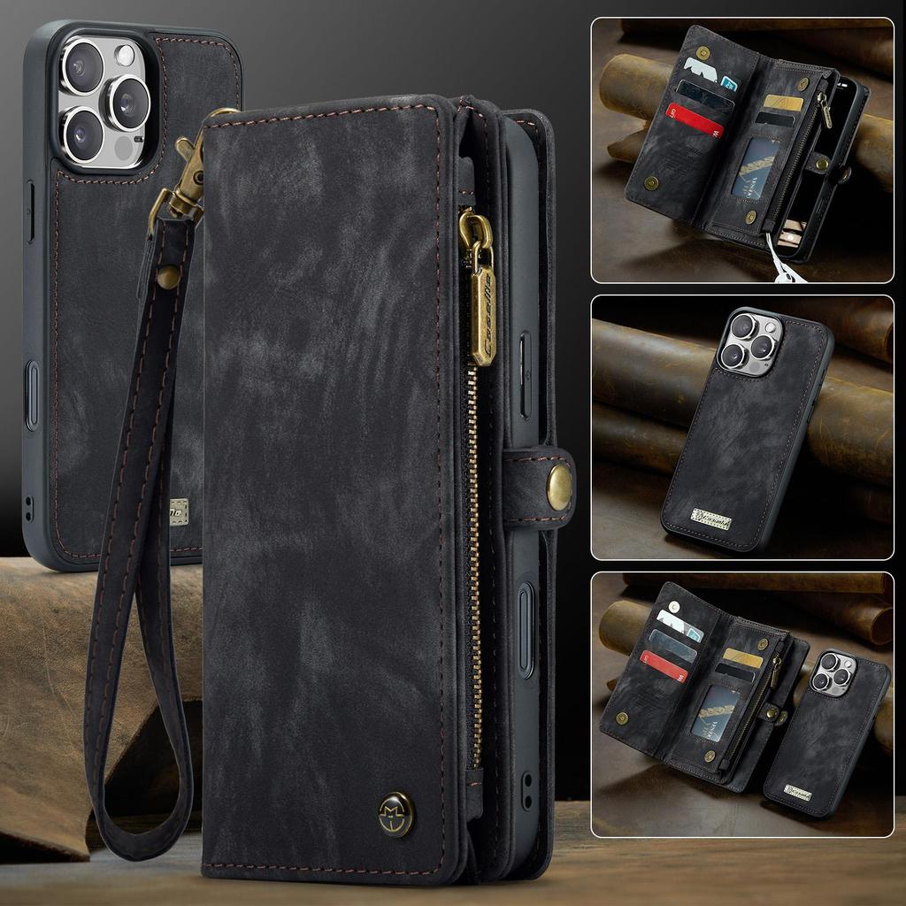CaseMe-008 For iPhone 16 Pro Max Removable 2-in-1 Zipper Wrise Strap Multi-functional Wallet Case Card Slots Phone Cover