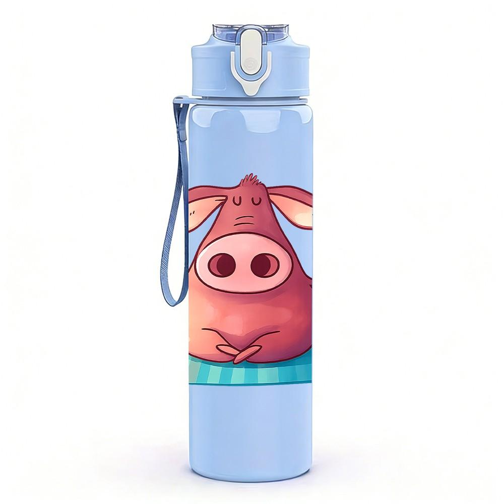 1PC Relaxed Pink Pig Cartoon 750ml Color Plastic Sports Water Bottle Leakproof Flip Straw Lid Suitable for Sports Office Home Use