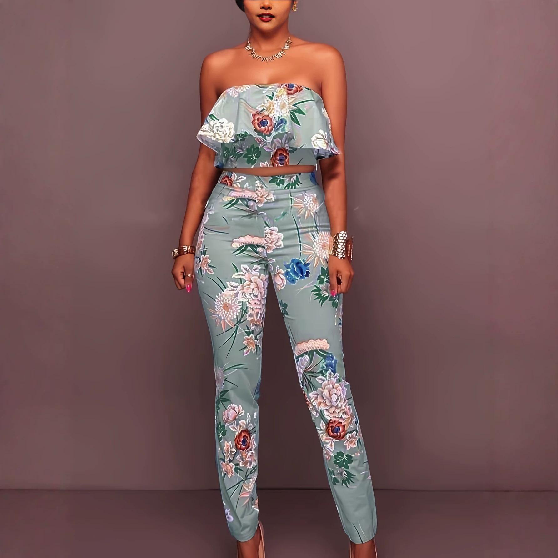 European and American cross-border women s elastic ruffle edge chest wrap one-word neck printed top elastic hip wrap fit trousers set S