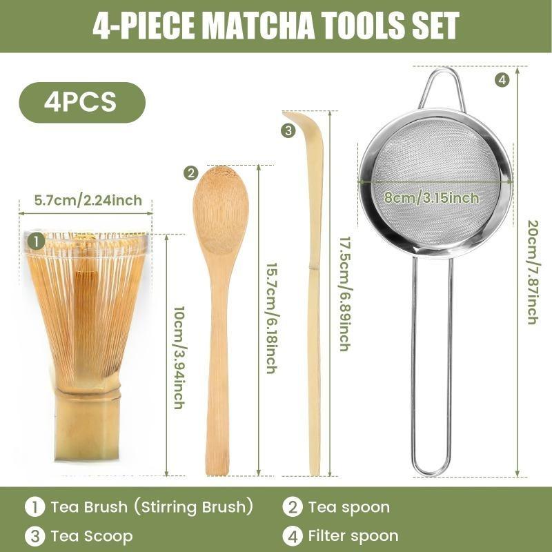 4Pcs Matcha Whisk Set Plastic Matcha Whisk Traditional Bamboo Wood Tea Scoop Deep Scoop Tea Strainer Clear Whisk