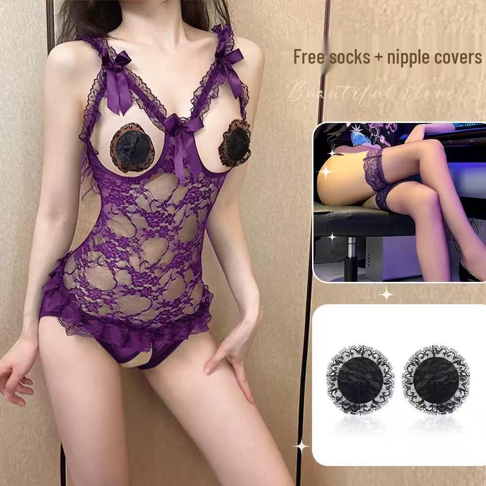 Purple Night Tide Romantic Lace Strappy Mesh Lingerie with Open Crotch