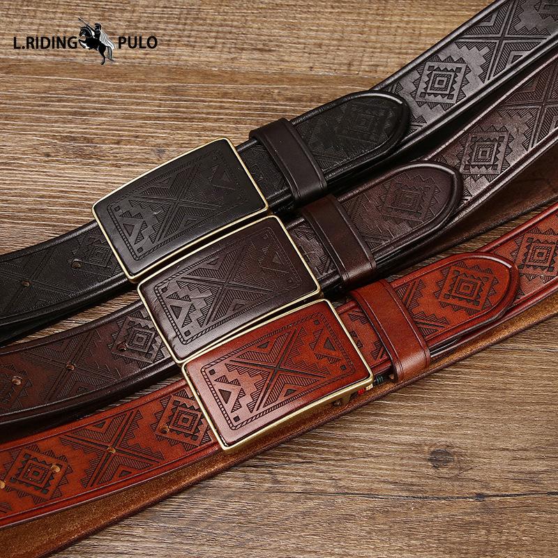 Curea cu cataramă cu placă cu model gravat cu laser vintage lucrată manual, piele naturală de vacă pură, cataramă netedă, curea pentru bărbați