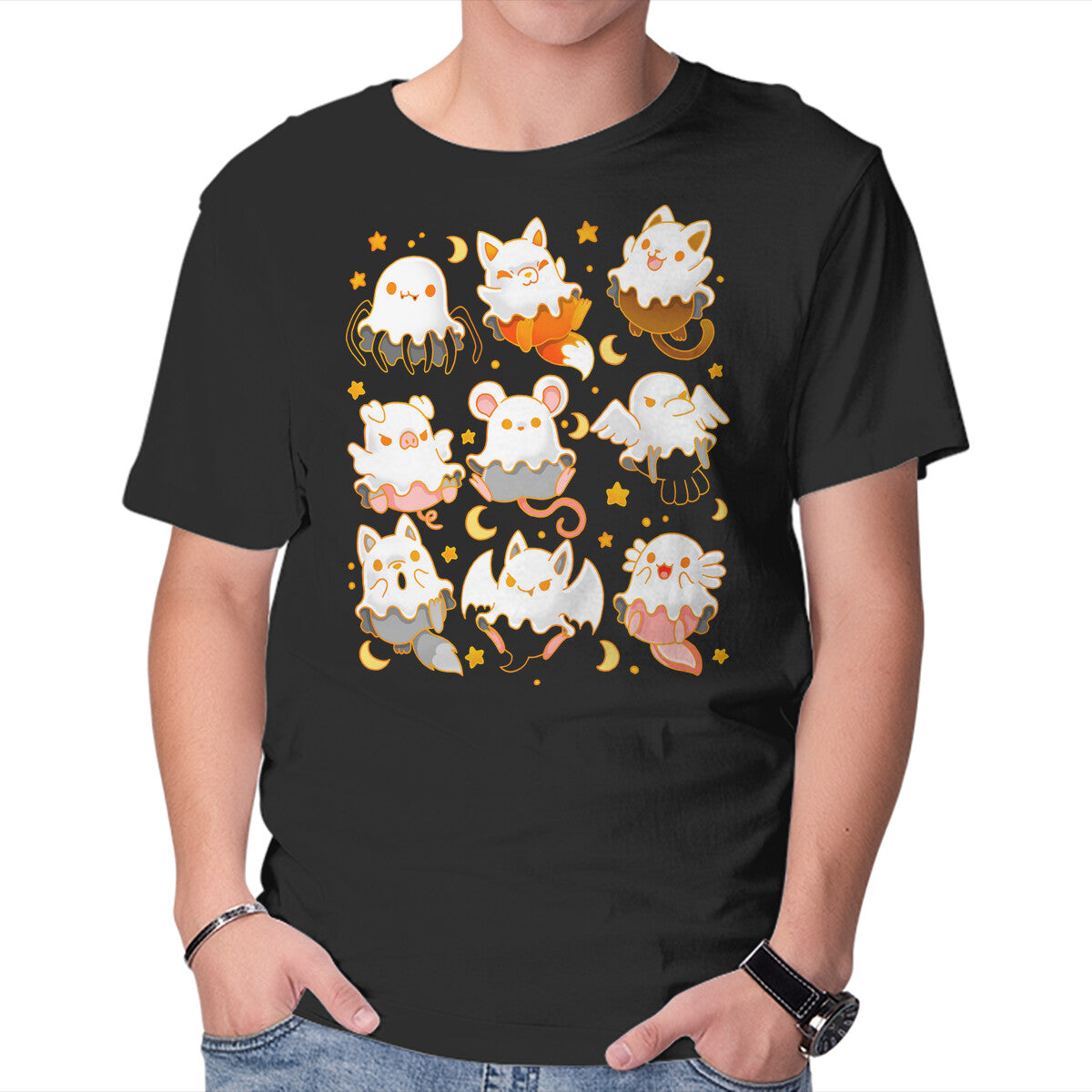 Unisex Crew Neck T-Shirt Spooky Animals Graphic Short Sleeve Casual Tee L