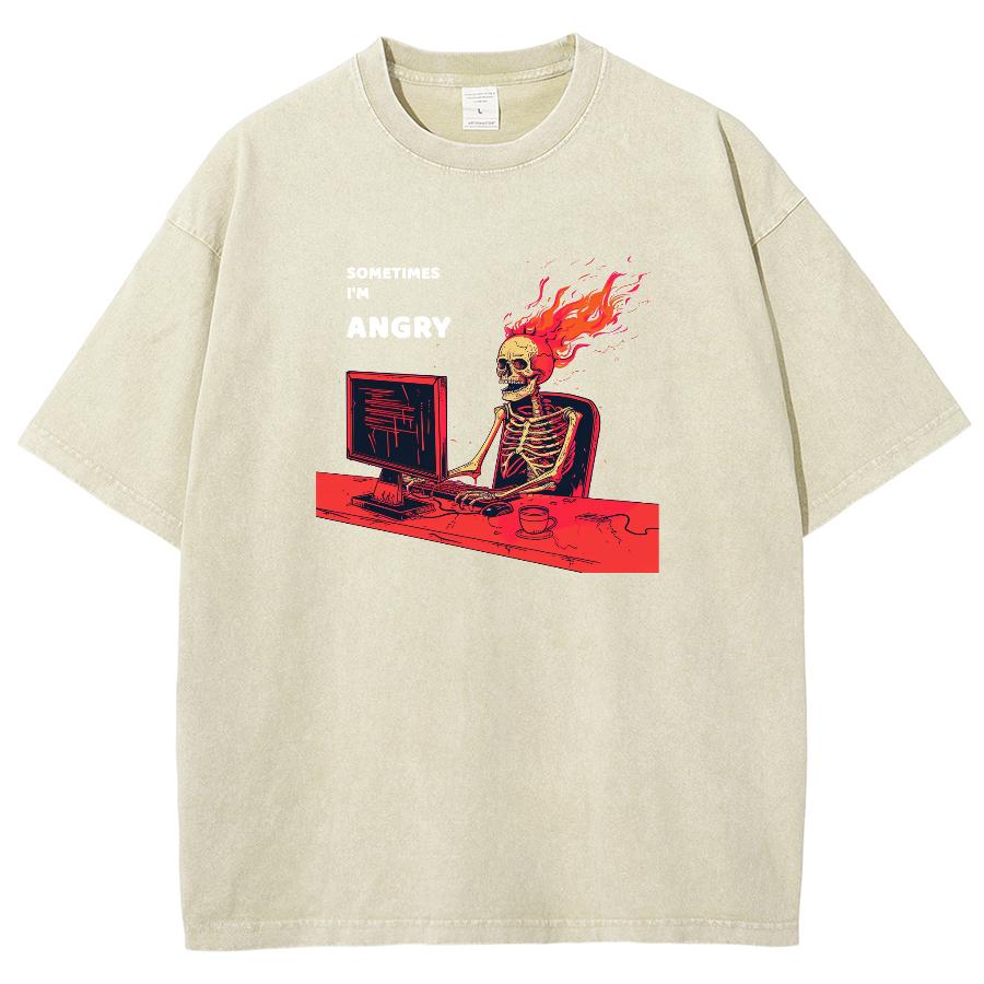 Skull Play Computer Print Women's T-Shirt Cotton Wash Oversized Loose Short Sleeve Design High Street Top Summer