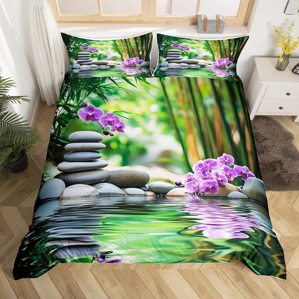 Zen Stones Duvet Cover Green Bamboo Fountain Bedding Set,Twin King,Spa Still Life Comforter Cover Natural Meditation Quilt Cover
