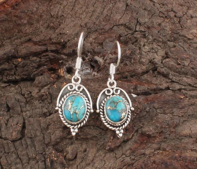 Solid 925 Sterling Silver Blue Copper Turquoise gemstone Boho Designer Dangle Drop Earrings Gift For Her