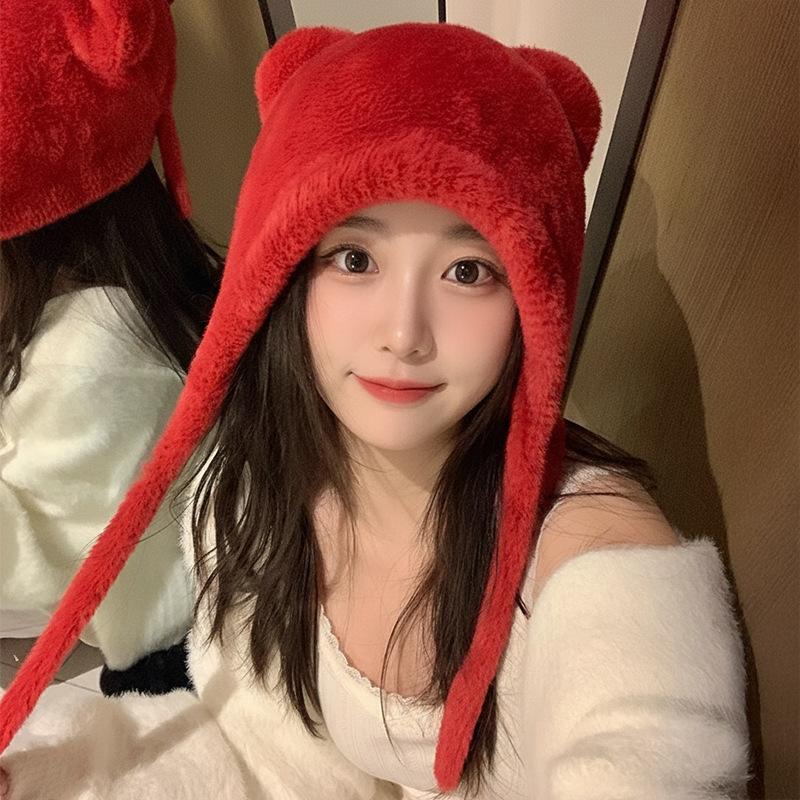 Sweet and cute plush bear hat women's 2025 new thickened warm ear protectors show face small bag head cold hat