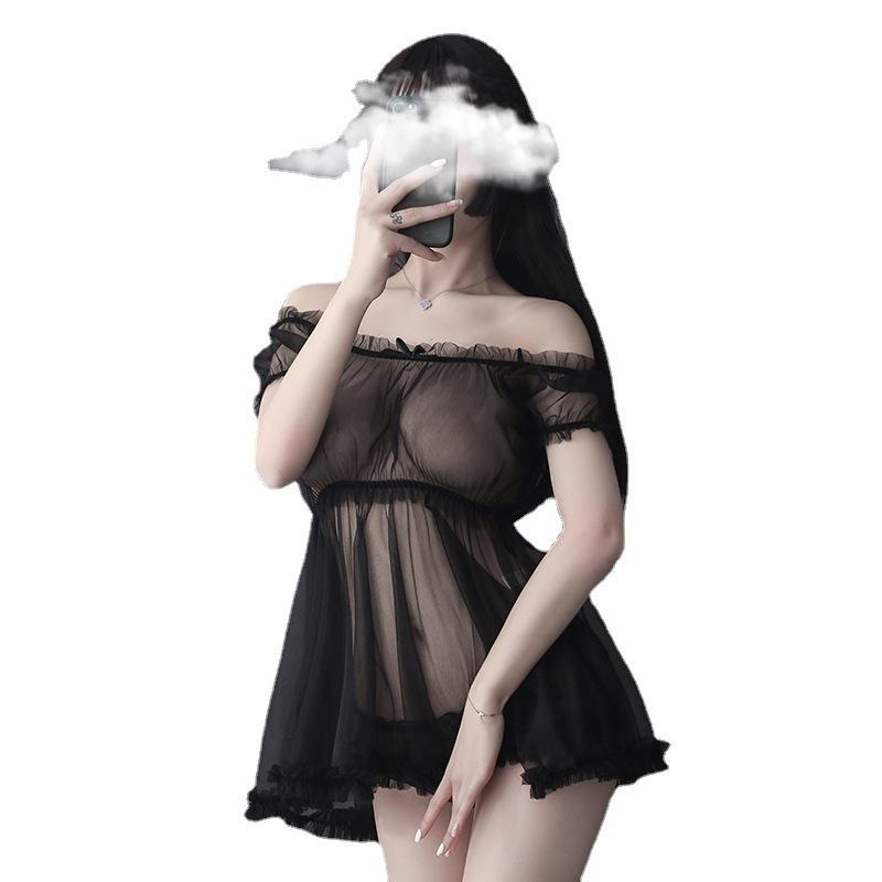 New sexy underwear perspective princess suit one-word shoulder mesh skirt seduces girl transparent milk leakage nightdress