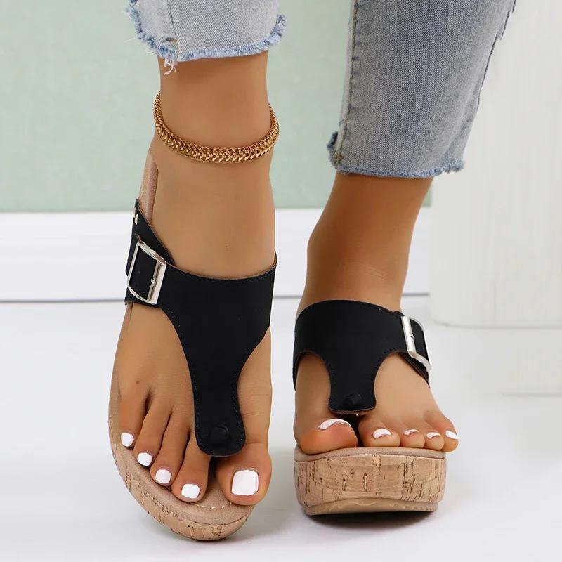 Fashion Summer Clip Toe Wedges Sandals Shoes for Women 2025 Summer Platform Flip Flops Woman Fashion Buckle Thick Bottom Beach Slippers