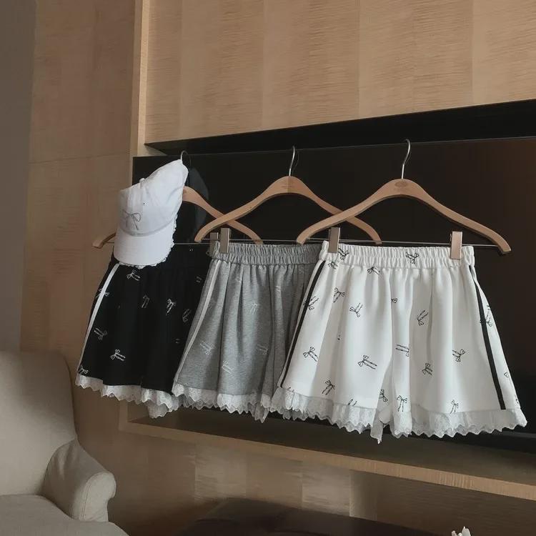 Women's Elastic Waist Lace Bowknot Print Summer Casual Wide Leg Shorts