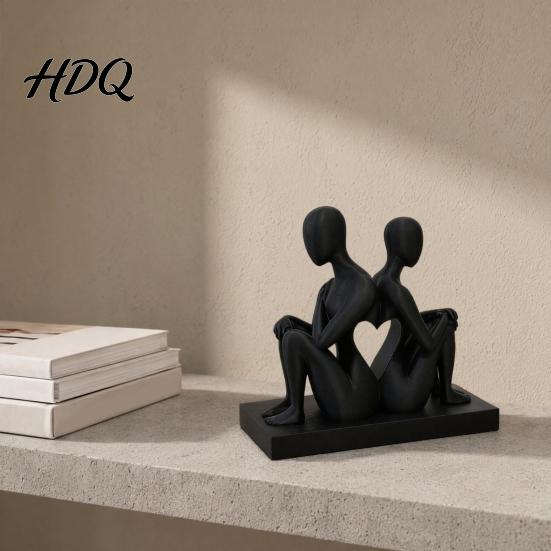 Durable 3D Printed Decor Abstract Back-to-Back Couple Sculpture Matte Black Desktop Ornaments