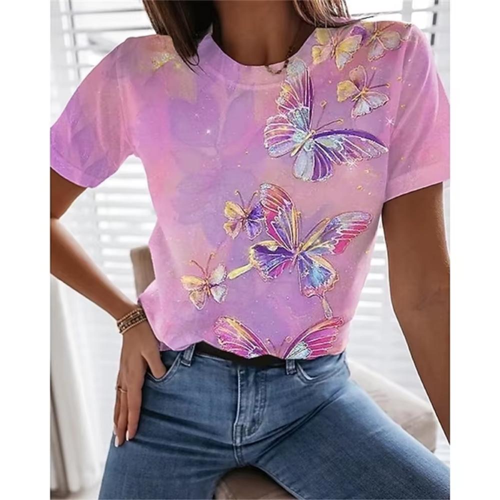 Fashion art floral pattern T-shirt for ladies, summer casual printed outfit