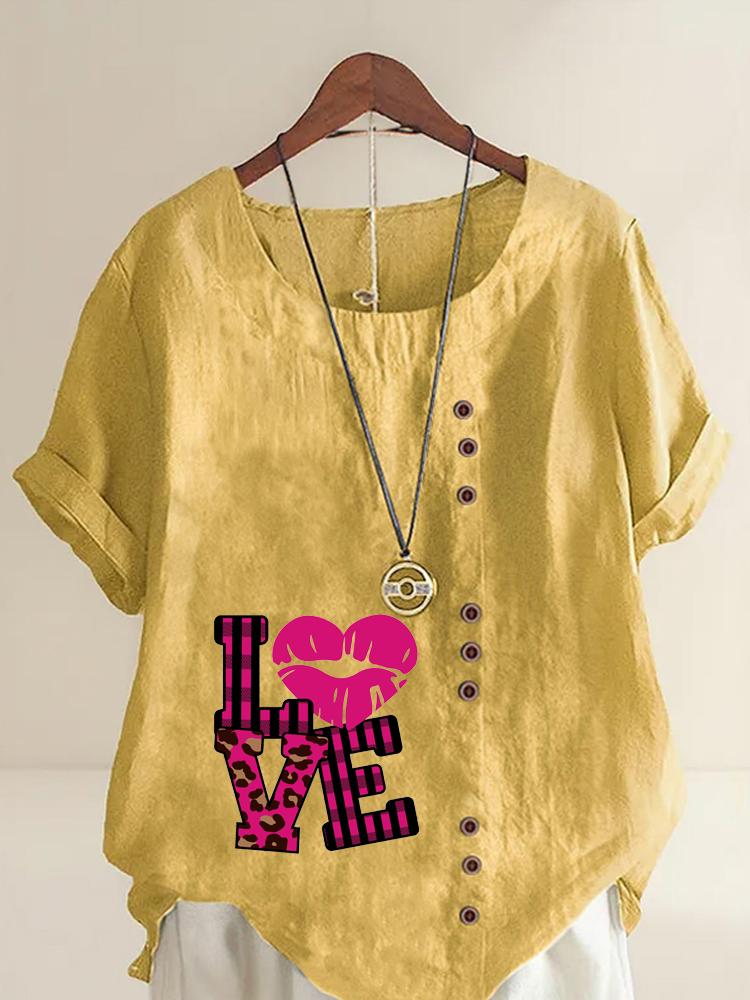 Women's Fashion Love Letters Print Shot Sleeve T-shirt Loose Cotton Shirt Casual Loose Summer Blouse Tops Plus Size