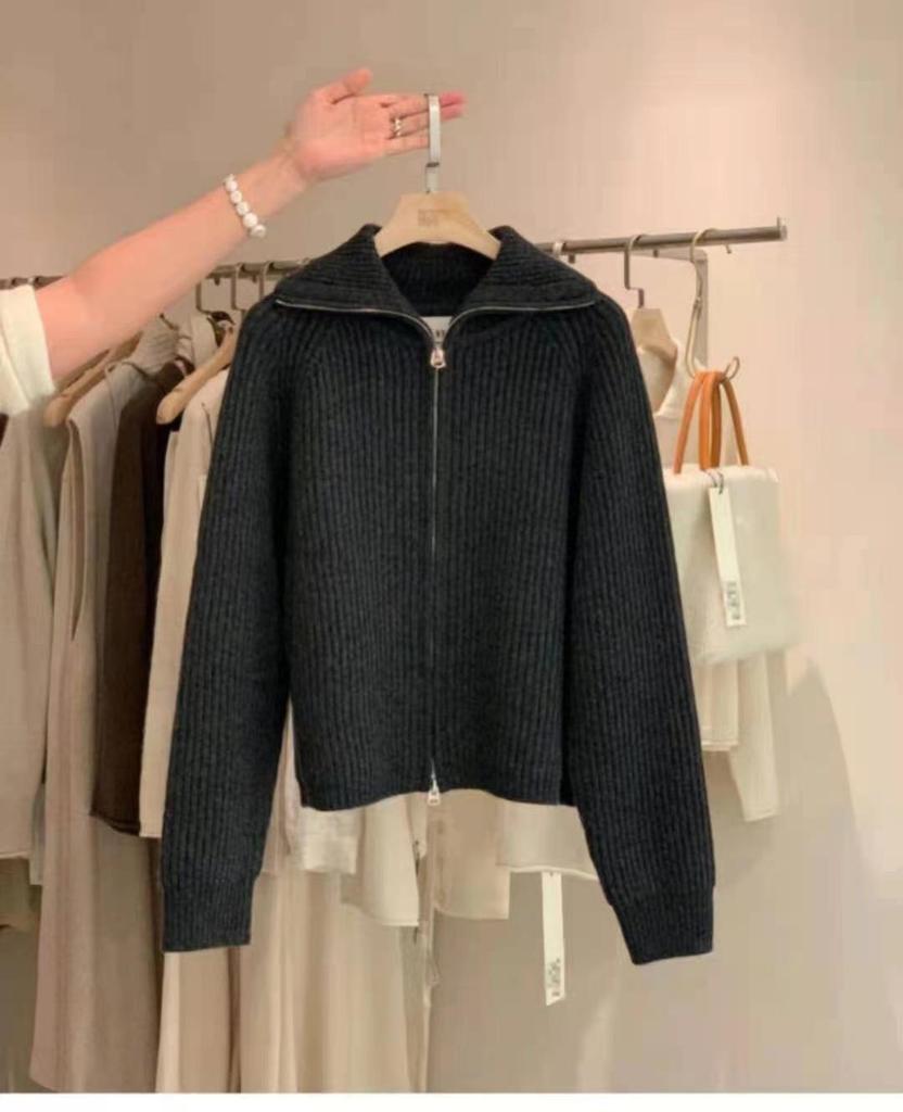 Women's Heavyweight Wool Zipper Cardigan – Autumn/Winter, 100% Pure Wool, Lapel Sweater Knit, Loose Fit Outerwear