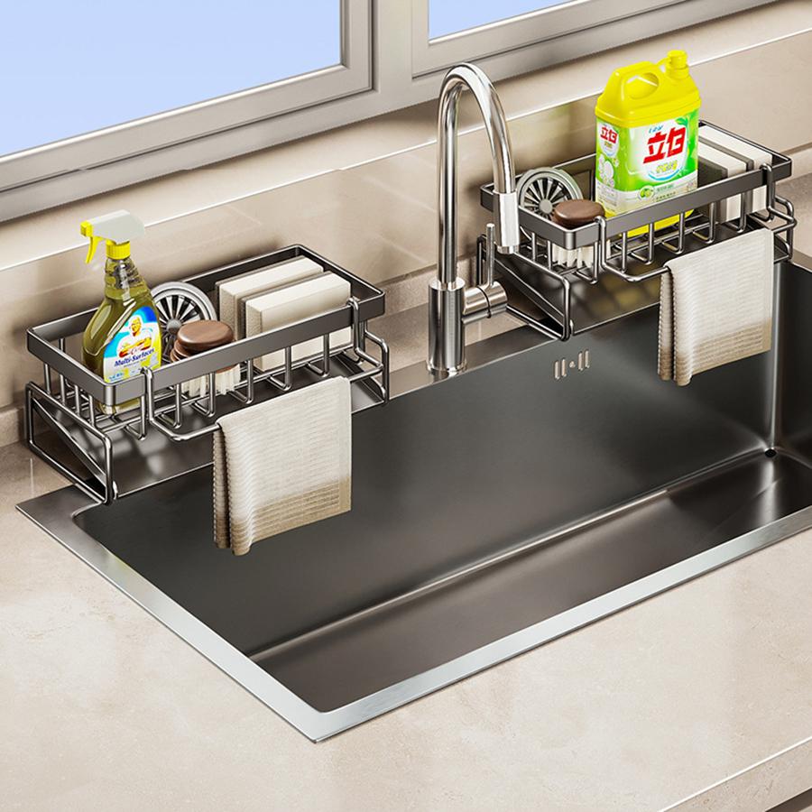 Küchenschwammhalter Edelstahl Spüle Abflussregal Seifenabtropffläche Handtuchhalter Regal Organizer Badezimmer Aufbewahrungszubehör