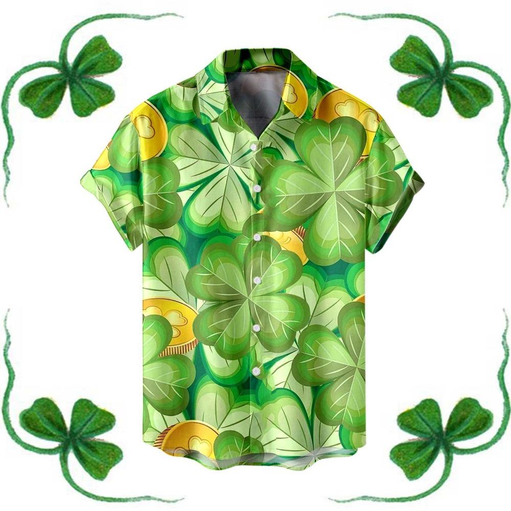 Saint Patrick Mens Shirt Festive Green Shamrock Print Lapel Short Sleeved Shirt Vintage Solid Shirts Cardigan Men's Blouses