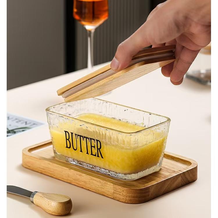 Western-style Glass-sealed Butter Box with Lid, Rectangular Scraper, Household Cheese Preservation Jar, Household Cheese Box