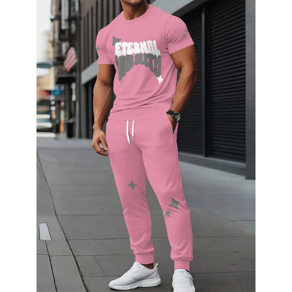 Summer New Men's Short-Sleeved Long Pants Set with 3D Letter Print - Street Casual Fashionable and Comfortable