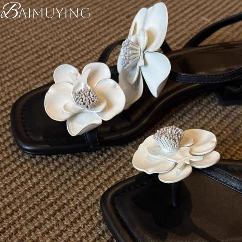 Flower Women Clip Toe Heeled Sandals Soft Sole Shoes Woman Casual Loafers 2025 Slingback Summer Dress Shallow Sandalia