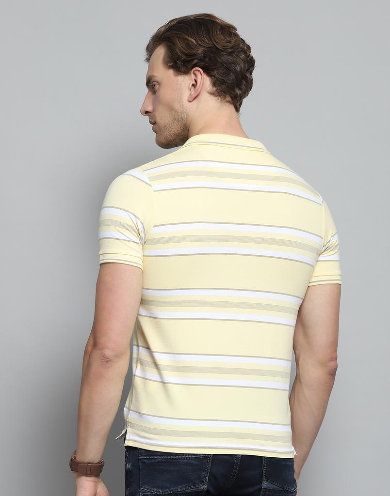 Monte Carlo Mens Striped Yellow Collar Neck Half Sleeve T-Shirt