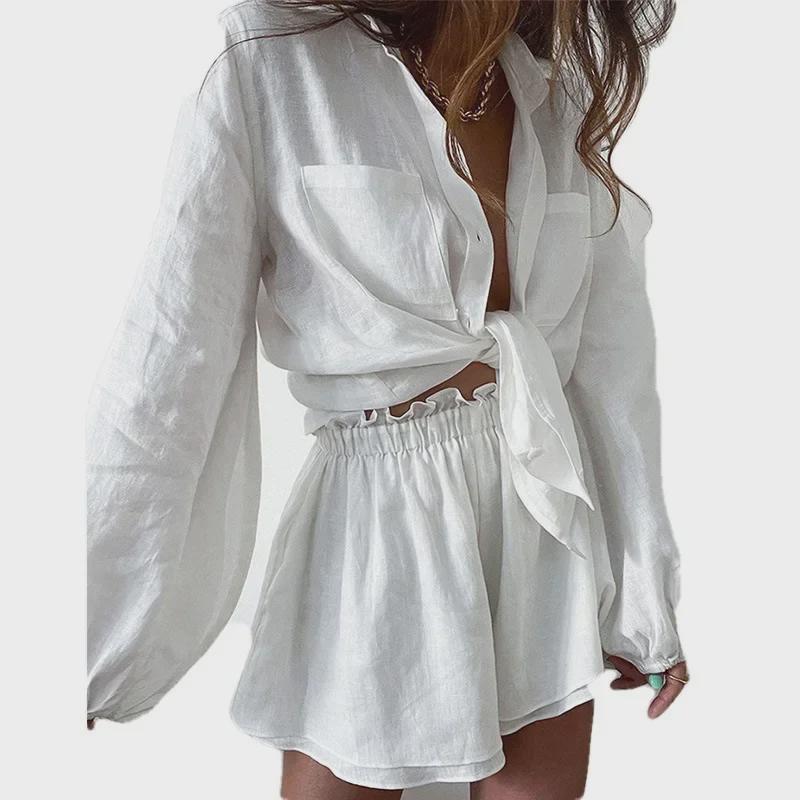 Summer 2023 Women's Casual Fashion Solid Color Ruffled Long Sleeve Shorts Set