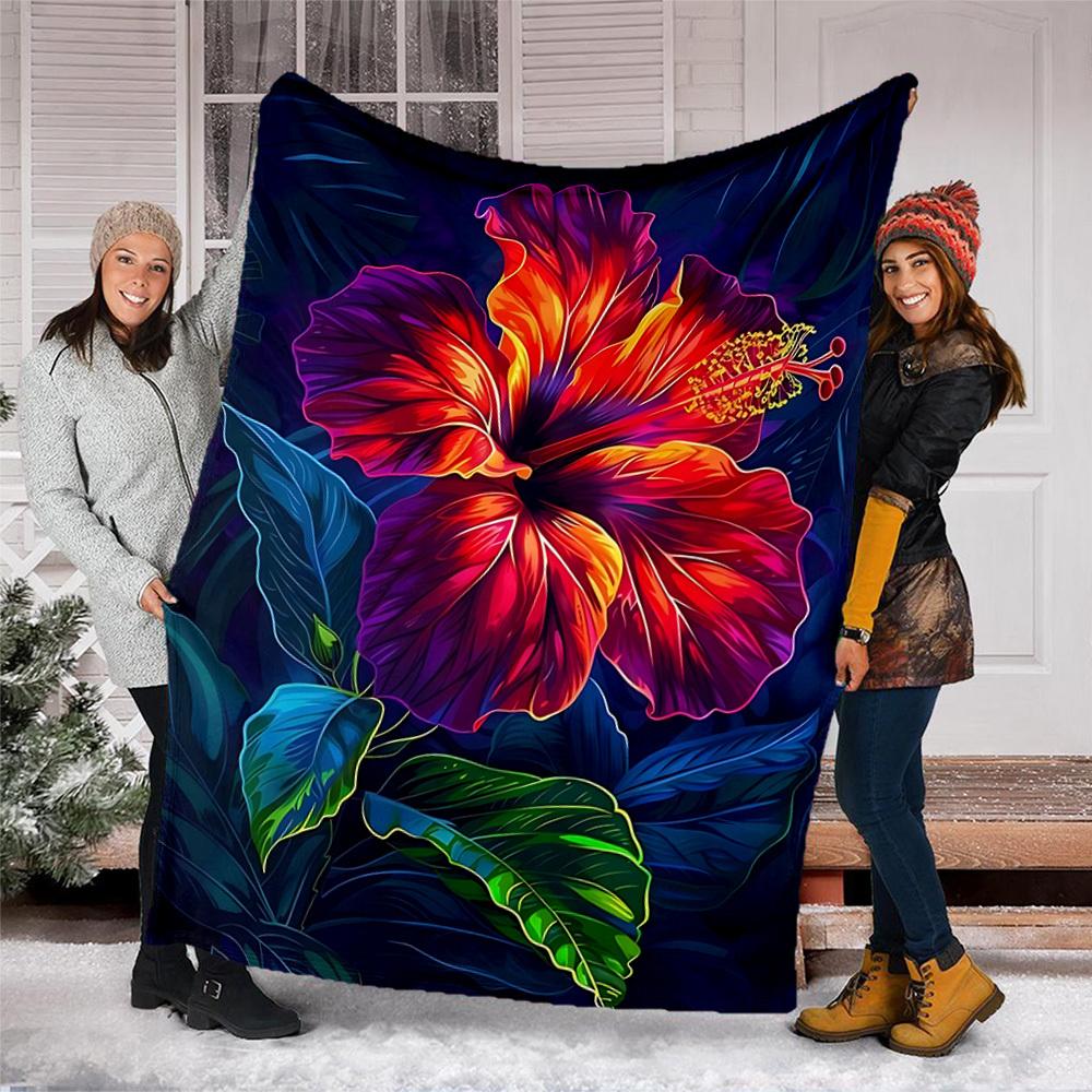 1pc Hibiscus Flower Print Throw Blanket Polyester Fiber, Lightweight Flannel, Soft & Warm, All Season Use for Outdoor, Camping Digital Print