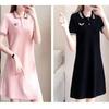 Summer Embroidered Short Sleeve Polo Collar Dress - Women's Loose Plus Size A-line Mid Skirt, College Style Color Block Design