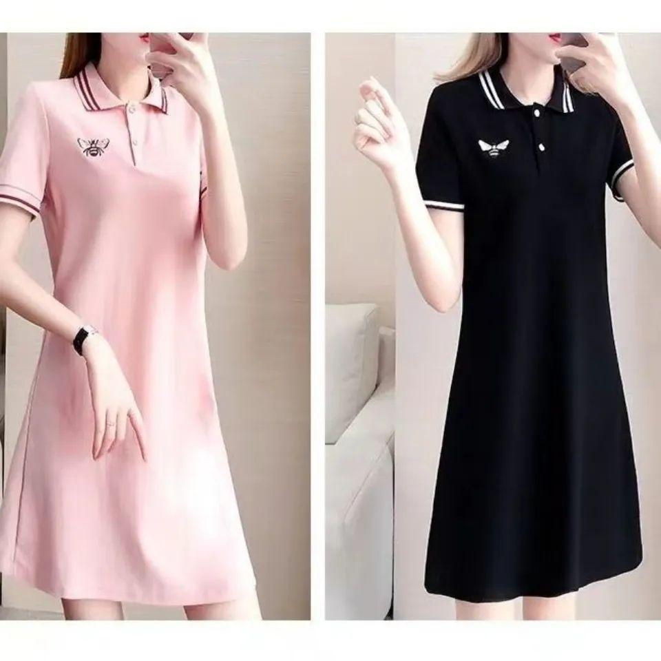 Summer Embroidered Short Sleeve Polo Collar Dress - Women's Loose Plus Size A-line Mid Skirt, College Style Color Block Design