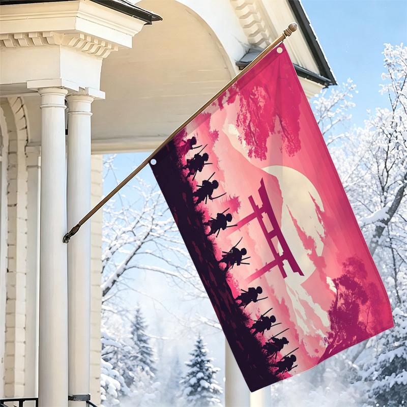 2D Flat, 1pc 2D Flat Decorative Flag, Japanese-Style Pink Samurai Silhouette with Torii Gate and Mountain Scenery Pattern Flag, Art Tapestry Backdrop,