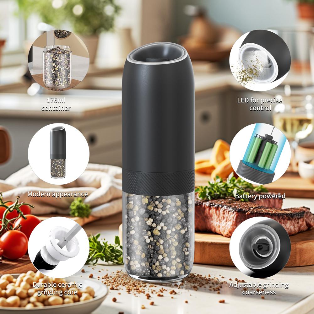 176ml Gravity Electric Salt and Pepper Grinder Set Automatic Shakers Mill Grinder Adjustable Coarseness One Hand Operation