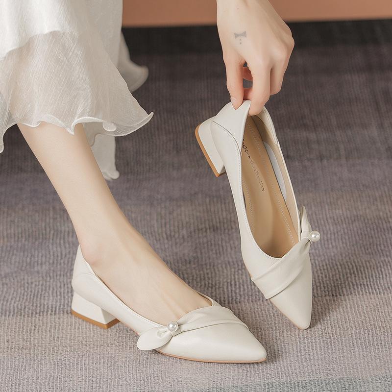 Genuine Leather Women's Shoes Elegant Casual Office Black Shoes Ladies Thick Heel Woman Pointed Toe Fashion Dress Party Pumps