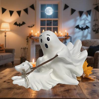 Spooky Ghosts Figurine Ghost Dog Resin Figurine Ghost Dog Walking Figurine for Halloween Decor Outdoor Indoor