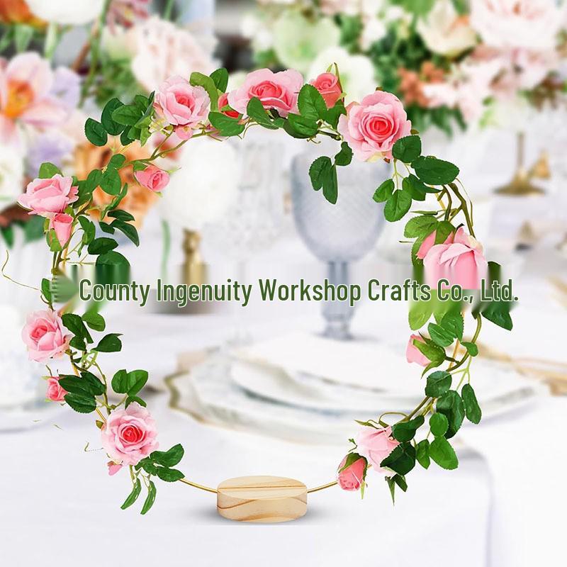 Golden Iron Dreamcatcher Floral Wreath with Wooden Base - Wedding Table Centerpiece Prop