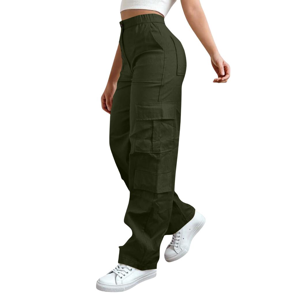 Womens Elastic High Waisted Cargo Pants Stretch Casual Wide Leg Streetwear Parachute Hiking Pants With Pockets