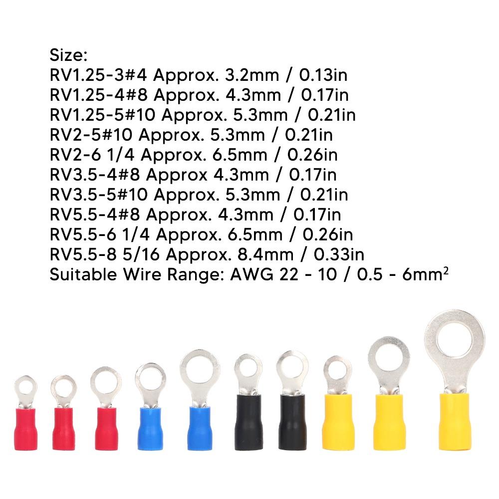 102PCS RV1.25/2/3.5/5.5 Insulated Ring Terminal O Ring Crimp Terminals Flame Retardant Wire Crimp Connector Terminal Insulated