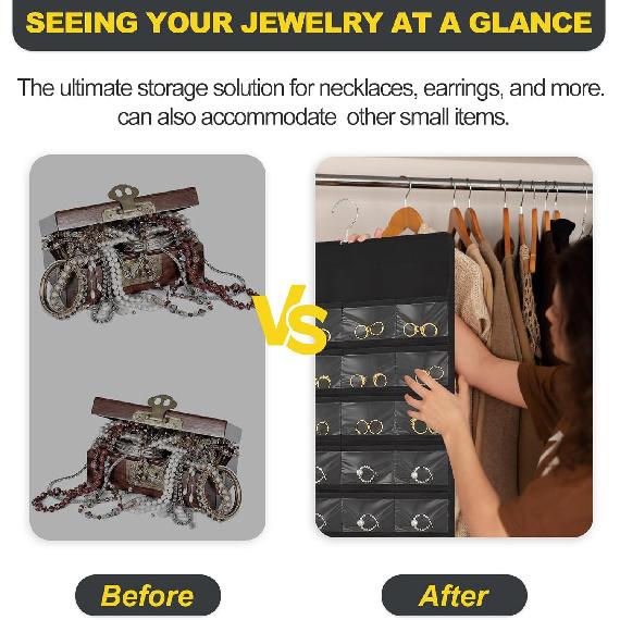 Hanging Jewelry Organizer with Multi-size pockets Double-Sided Jewelry Holder for Earrings, Necklaces, Rings on Closet, Wall, Door,Jewelry Organizer