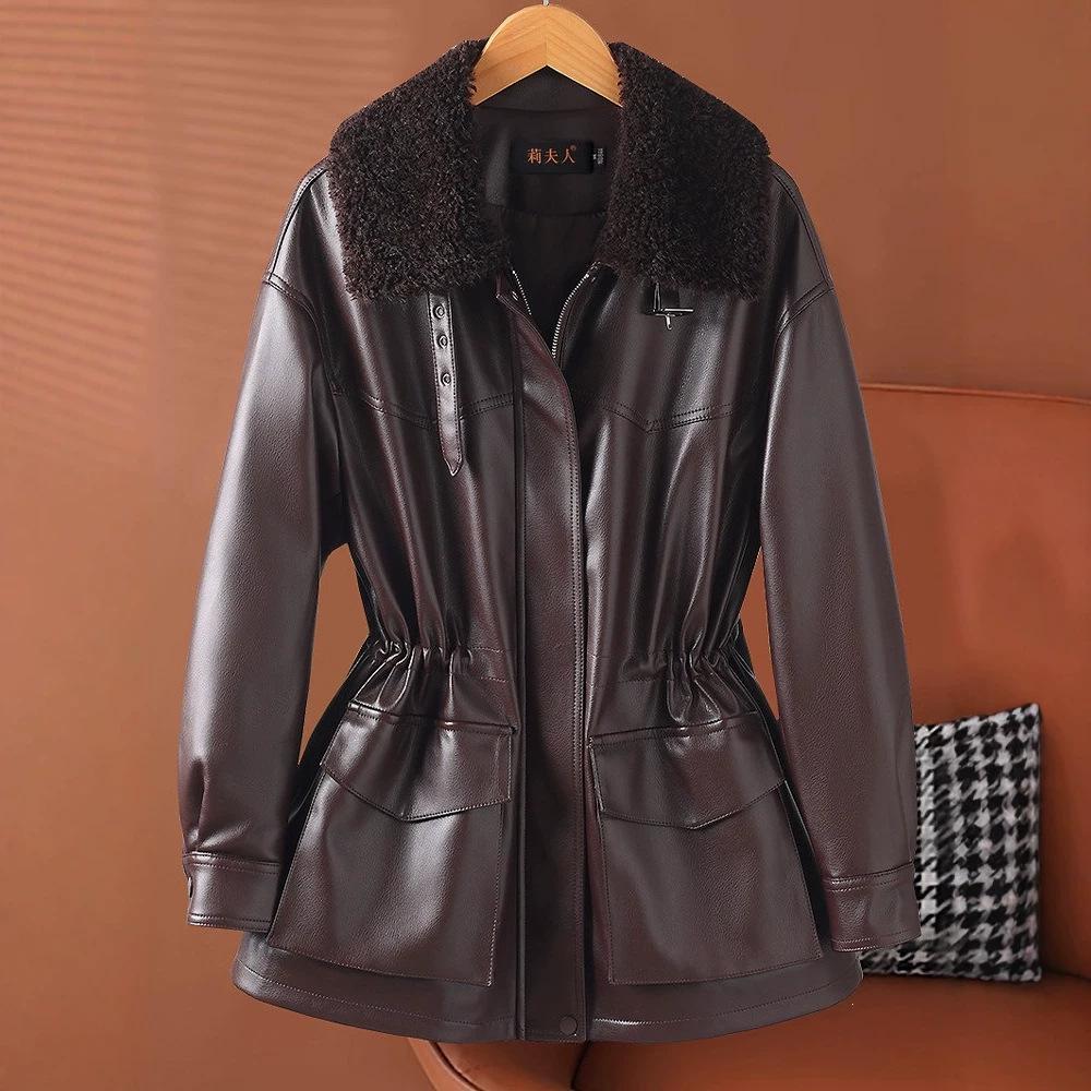 Fleece thickened leather jacket women's medium and long winter new foreign-style fur integrated large-size coat