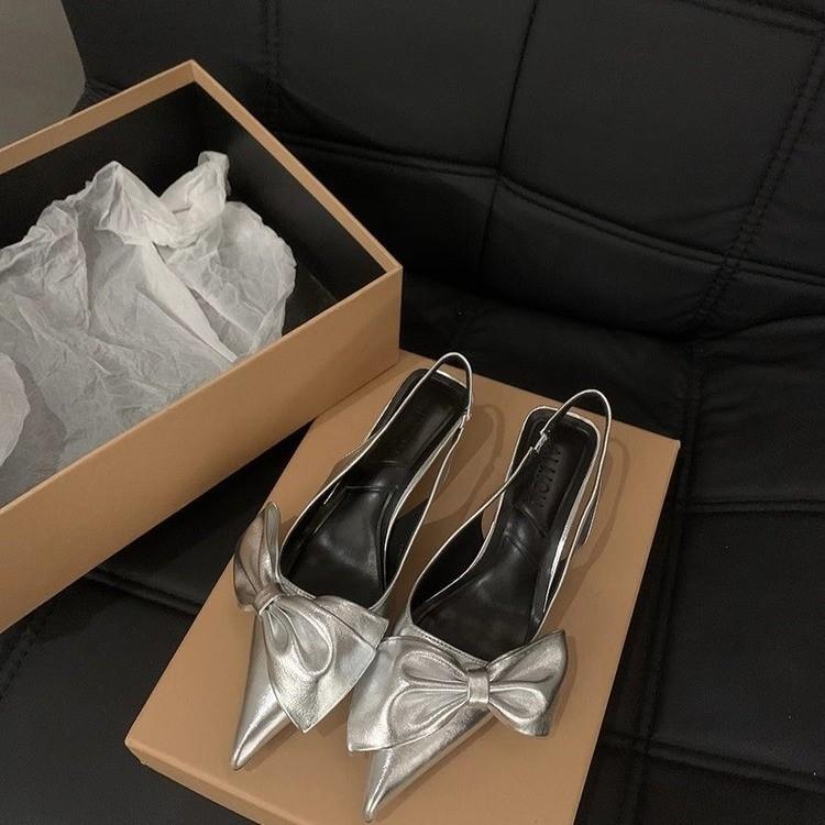 

Высококачественные серебристые туфли-лодочки с бантом, женские, весна-лето 2025 года, босоножки с высоким каблуком и застежкой-молнией 35