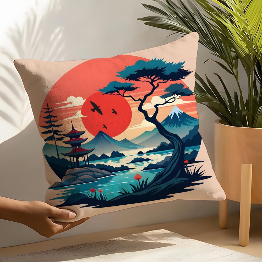 Retro Japanese Pagoda Landscape 2 Pillow Case Linen Cushion Covers For Decorative Sofa Home Pillows Case Car Chair Pillows Cases