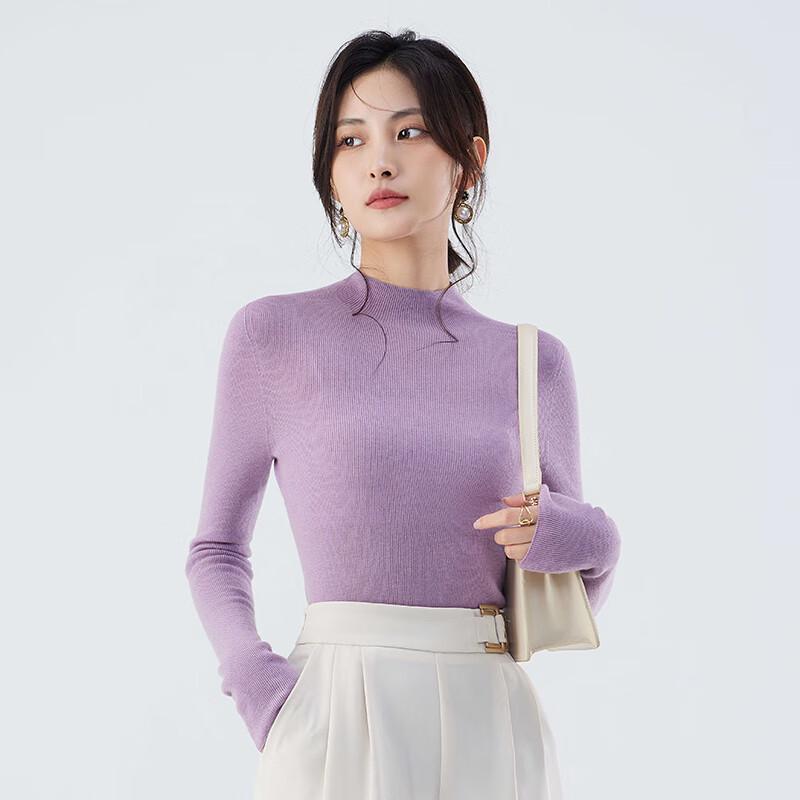 Women's 100% Pure Wool Semi-High Neck Slim-Fit Long Sleeve Sweater