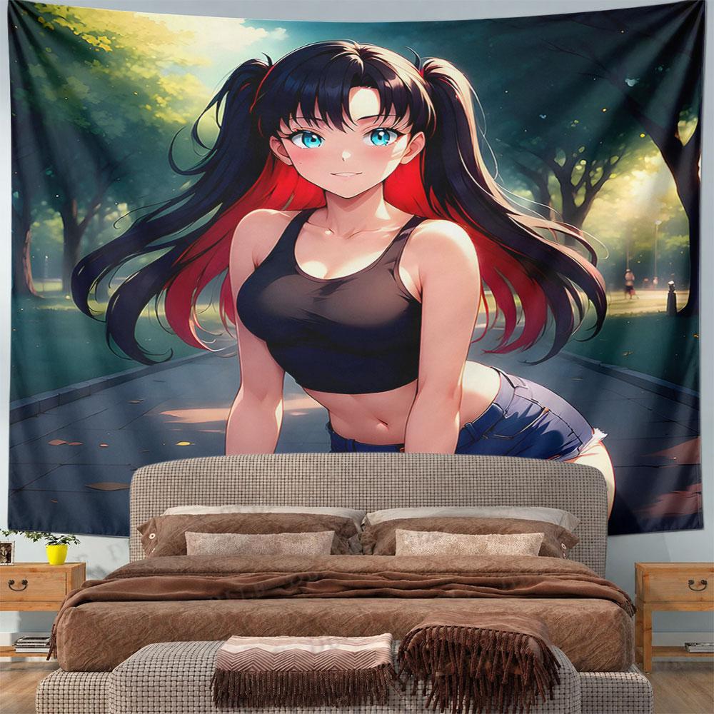 Anime Girl in Sunlit Park Background Pattern Wall Hanging Tapestry Decorative Tapestry Home Decor for Bedroom and Living Room