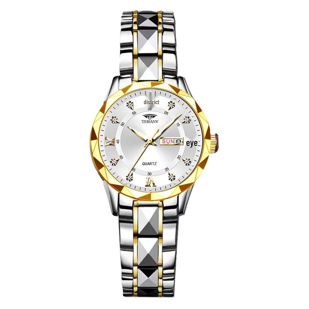 Women's Luminous Diamond Pattern Waterproof Quartz Watch with Double Calendar and Solid Band.
