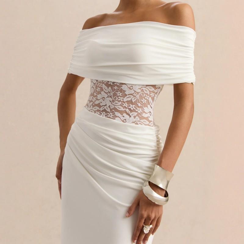 Womens Ruched Strapless Off-Shoulder Long Dress With Lace Cutout Panel Slim Fit Maxi Vacation Beach
