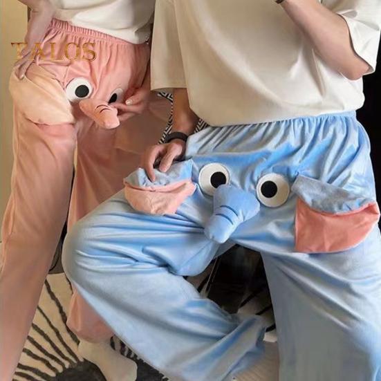 Calças de pijama com estampa de elefante de desenho animado, pernas largas, design feminino, masculino, calças de salão, cós elástico, cintura média, calças de pijama