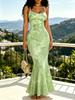 Women's Modern Elegant Casual Fashion Spring Summer Autumn Clothing Suspender Bodycon Mermaid Dress with Light Green Base and Paisley Print Pattern